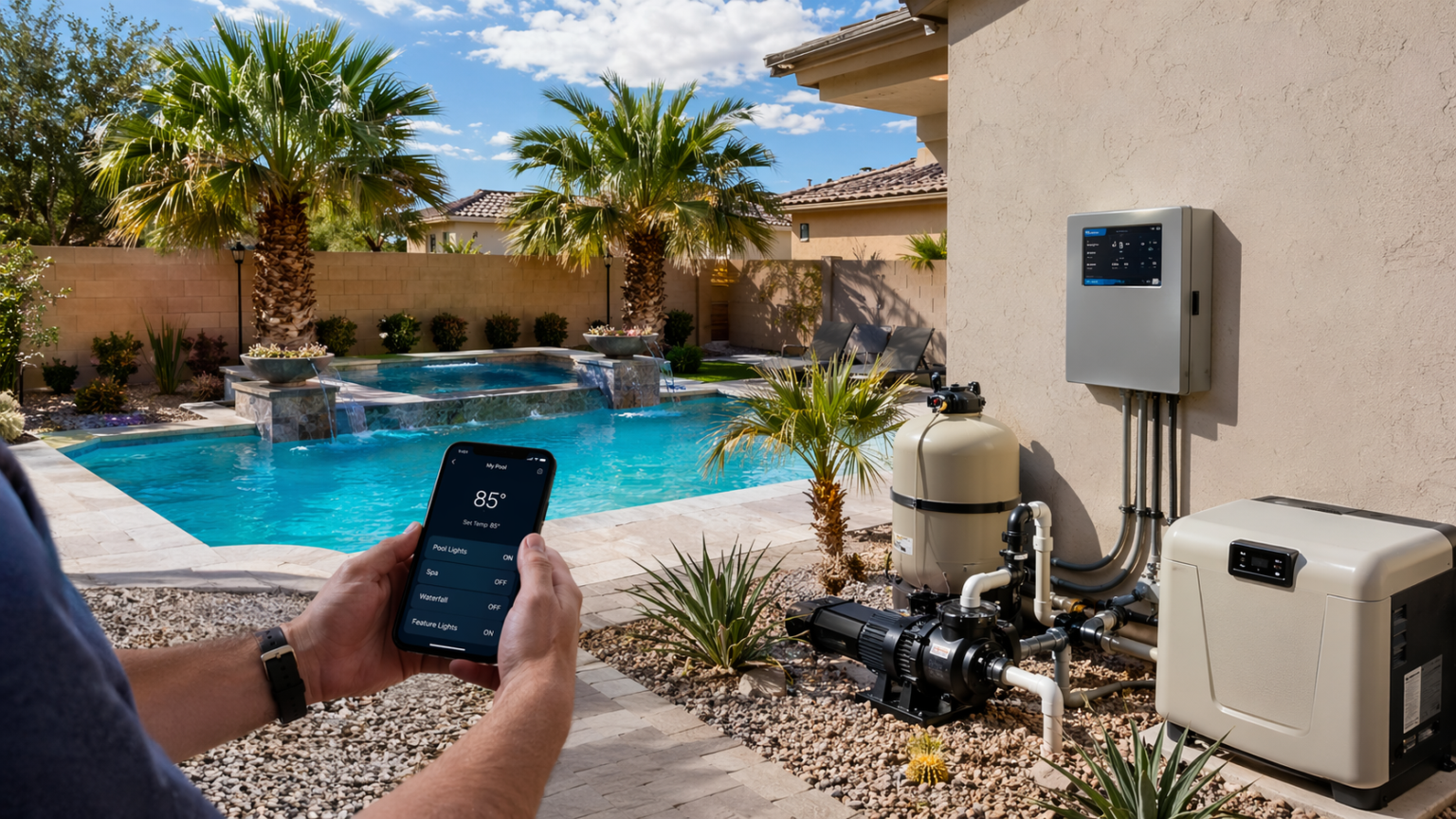 Person holding a smartphone to control a home pool automation system beside a sunny backyard pool and equipment.