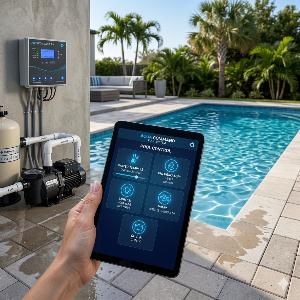 Hand holding a tablet displaying a pool automation interface beside a pool, with a control panel and filtration pump on a sunny pool deck.