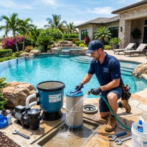 Pool maintenance worker kneels by a sunny backyard pool, cleaning a pool filter with a hose, with the pump, tools, and bucket nearby.