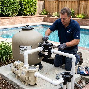 Man kneeling by a backyard pool pump and filter system, tightening PVC pipes connected to a large round sand filter.