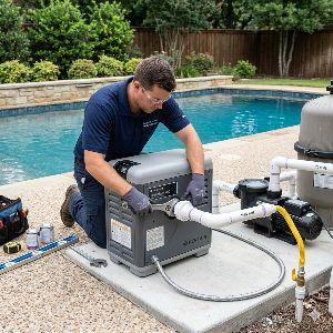 Technician wearing gloves kneeling by a backyard pool, working on a pool pump.