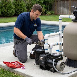 Technician kneeling beside a swimming pool filtration pump, using a wrench to tighten fittings.