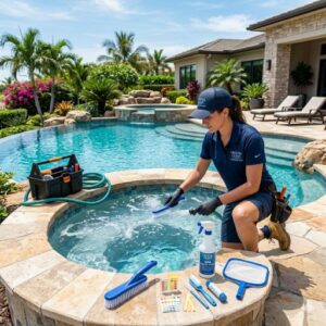 Pool maintenance worker kneels by a spa, brushing the water; cleaning tools and test strips laid out nearby in a sunny backyard pool area.