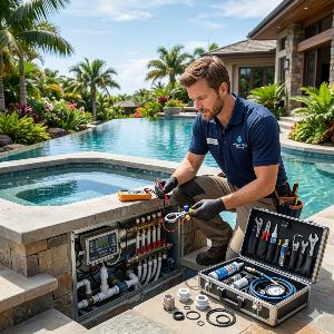 Pool technician in a blue shirt inspecting pool equipment by a sunny resort-style pool, with open toolboxes, wrenches, seals, and gauges laid out.
