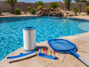 Poolside: filter, brush, test kit, and skimmer net arranged on beige pool deck with a blue swimming pool in the background.